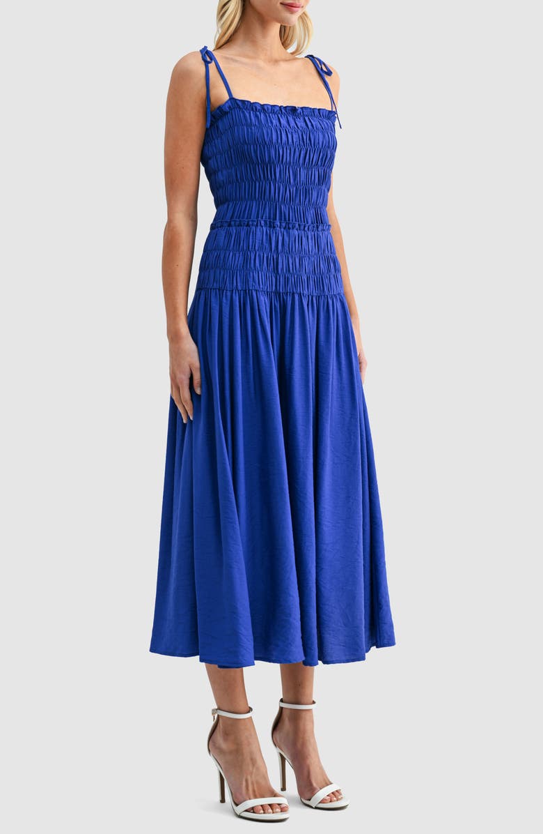 All in Favor Smocked Bodice Jersey Midi Dress, Alternate, color, Cobalt
