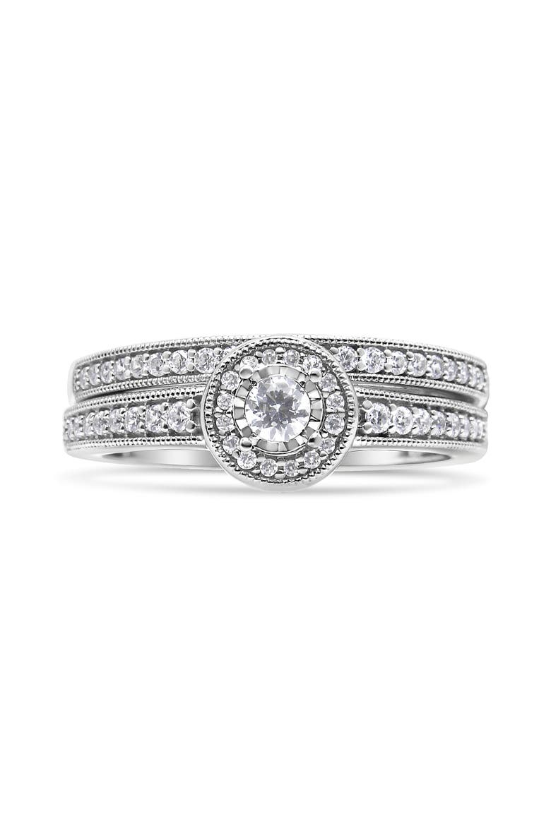 Silver 1/2 Ctw Diamond Halo & Milgrain Engagement Ring Bridal Set, Alternate, color, Silver