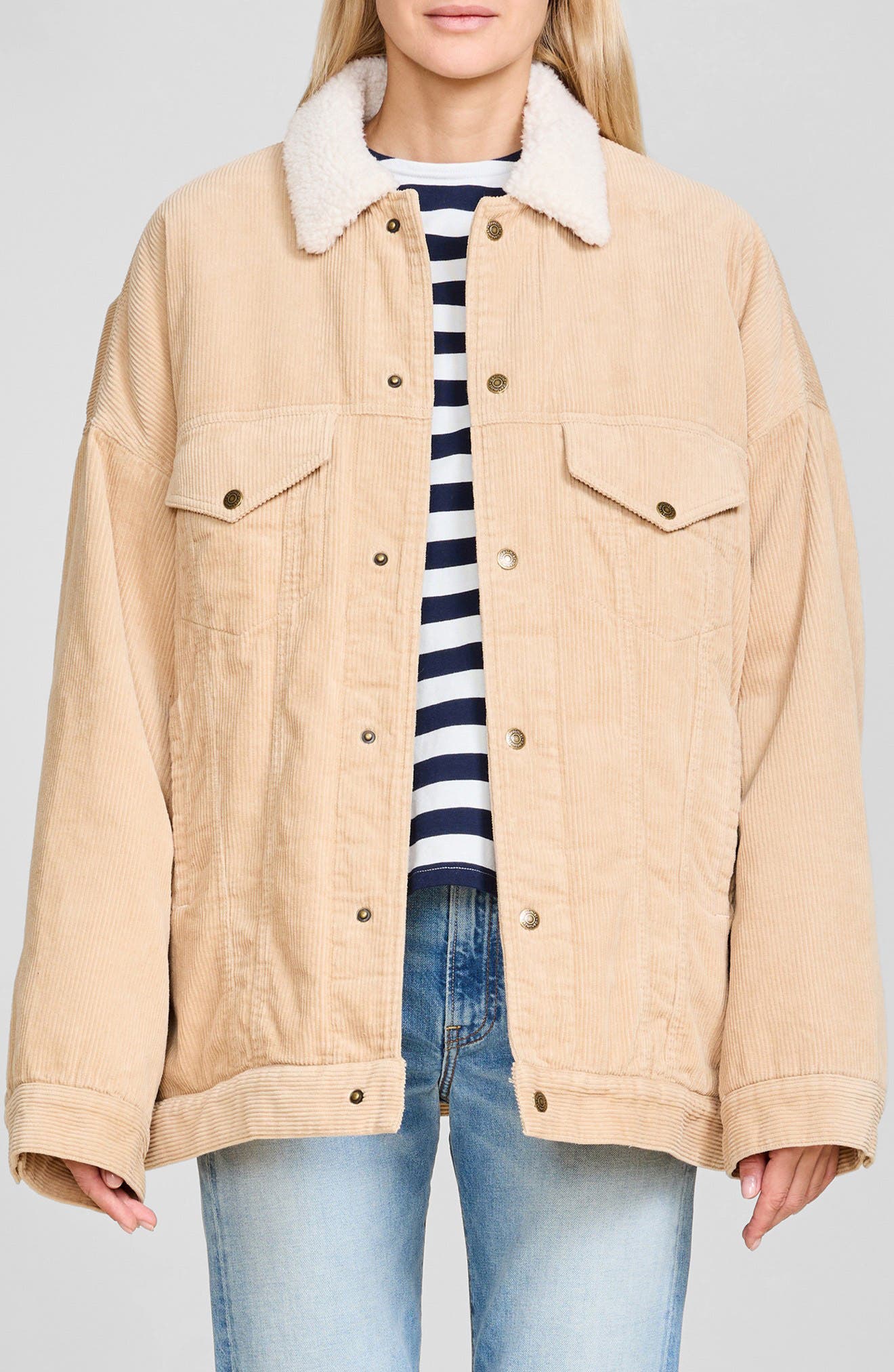 DENIMIST Serena Faux Shearling Trim Corduroy Trucker Jacket