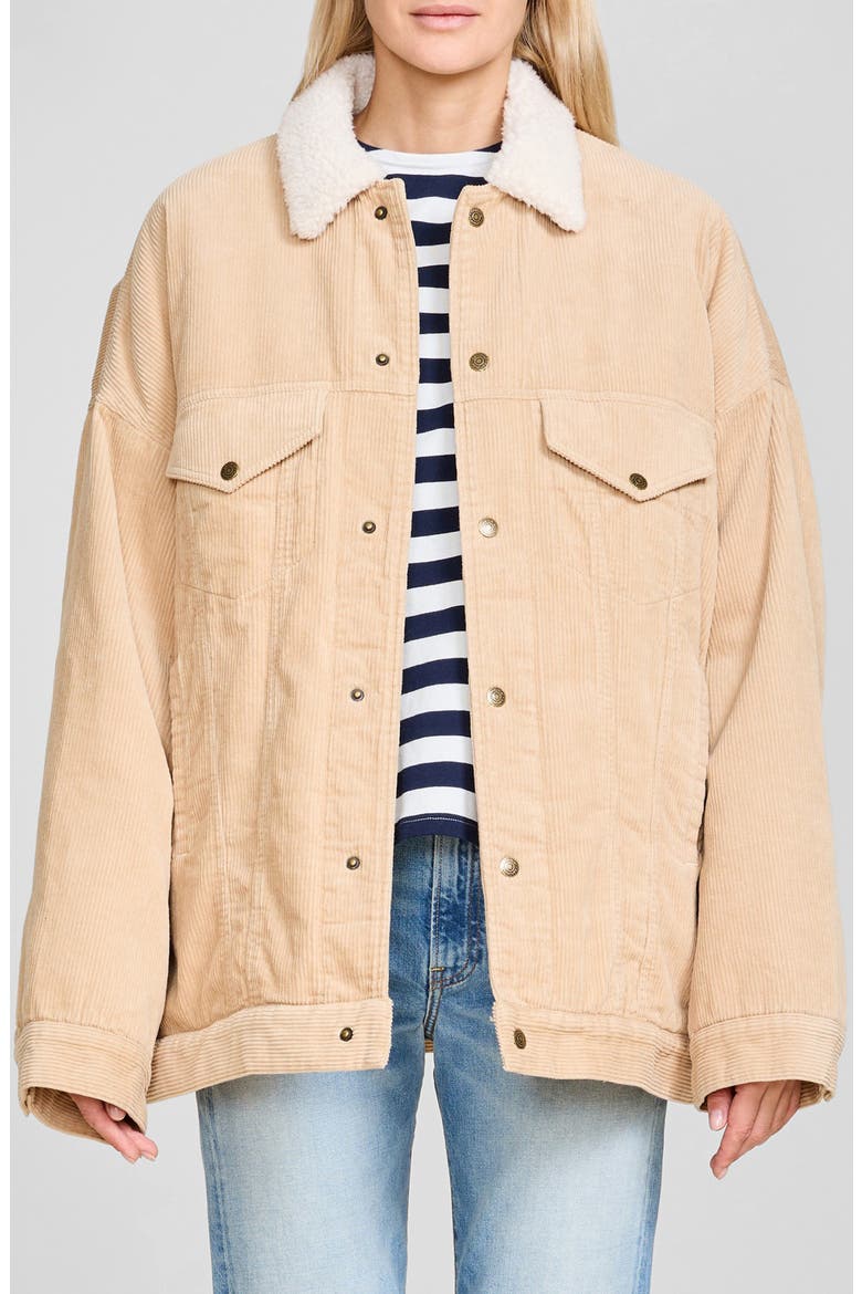 Serena Faux Shearling Trim Corduroy Trucker Jacket, Main, color, BEIGE