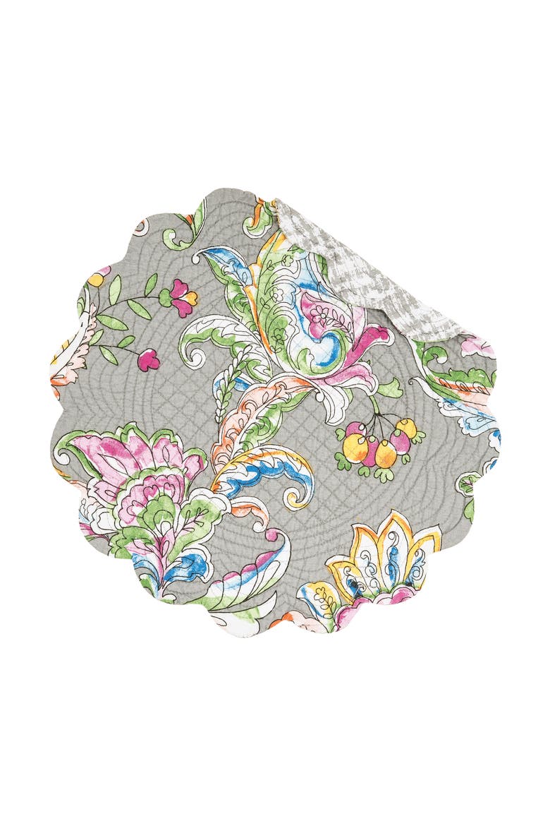 Frey Round Quilted Reversible Colorful Paisley Placemats Set of 6, 17", Main, color, Grey