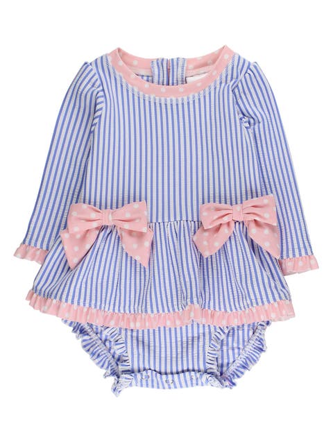 UPF50+ Seersucker Long Sleeve One Piece Bow Peplum Rash Guard Swimsuit