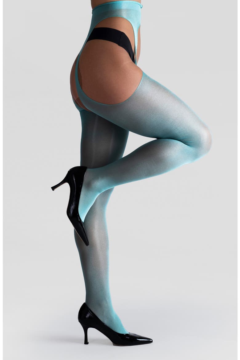 Lustrous Silky Shiny Sheer Suspender Crotchless Tights, Main, color, TEAL GREEN