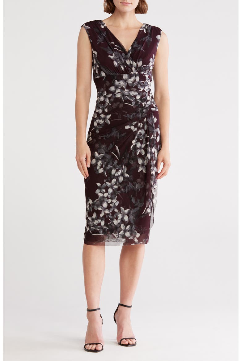 Faux Wrap Mesh Midi Dress, Main, color, BORDEAUX