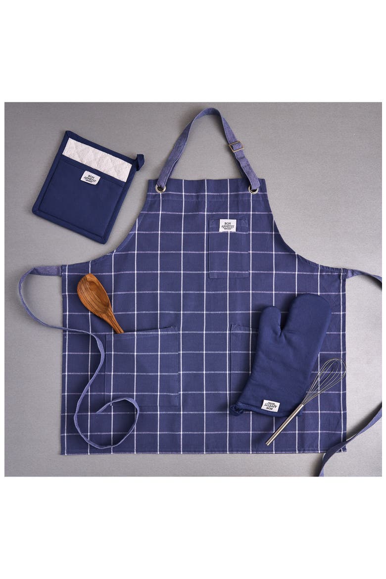 Windowpane Print Cotton Apron, Alternate, color, BLUE
