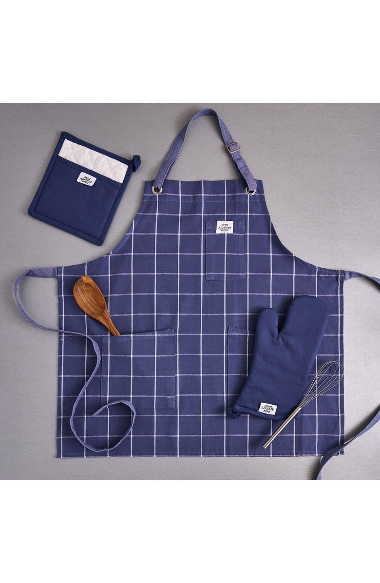 Design Imports Windowpane Print Cotton Apron, Alternate, color, Blue