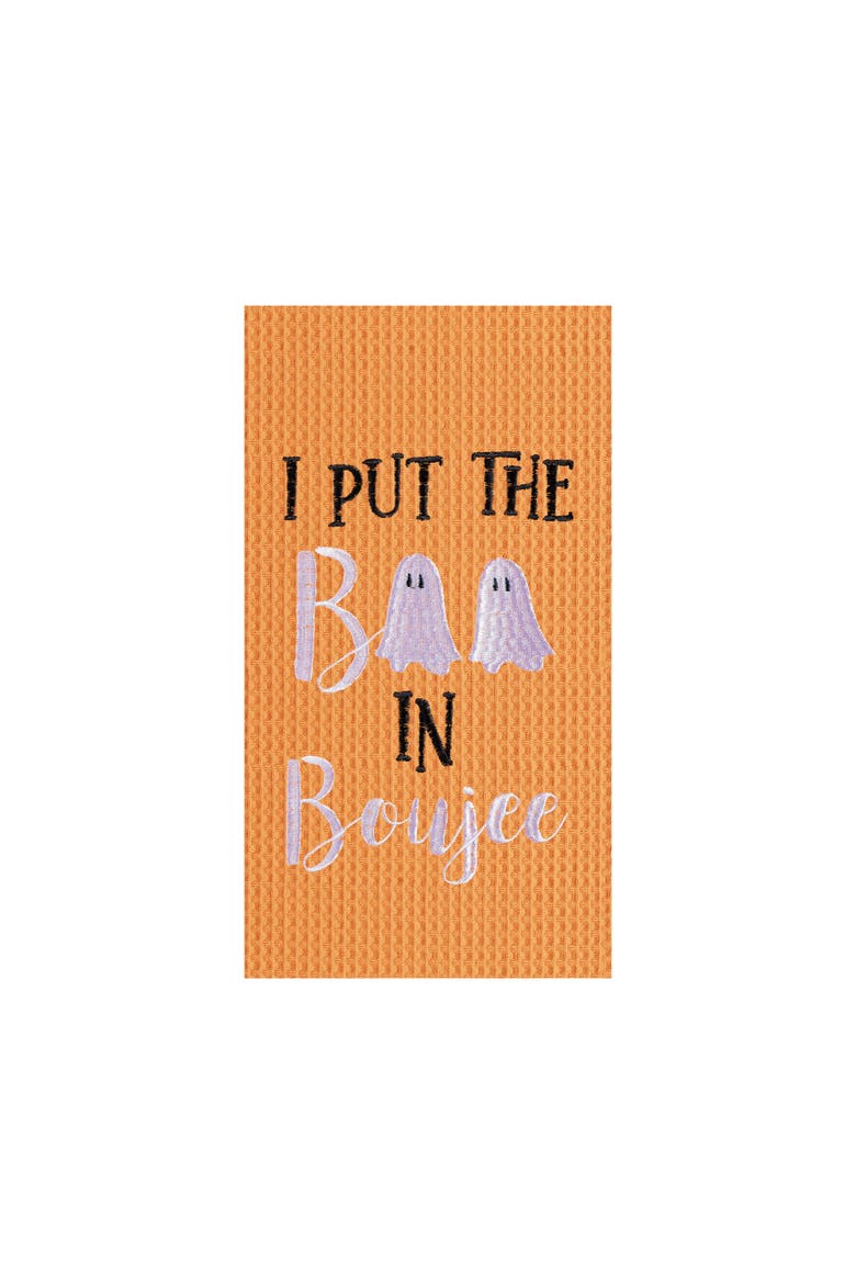 Boo In Boujee Ghost Embroidered Cotton Halloween Waffle Weave Kitchen Towel, Main, color, Orange