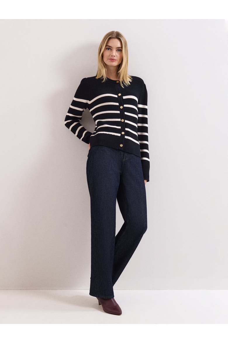 Grace Button-Front Round Neck Cardigan, Alternate, color, Navy/Ivory