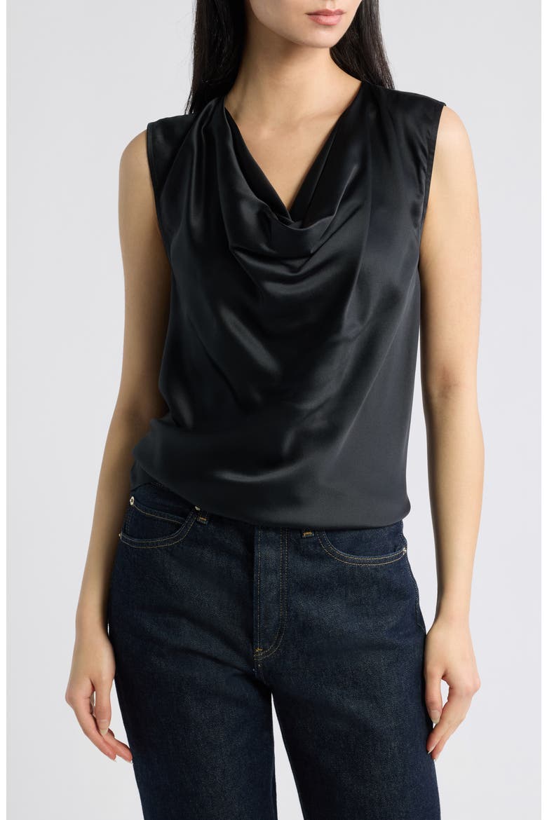 Vinnie Cowl Neck Sleeveless Silk Top, Main, color, BLACK