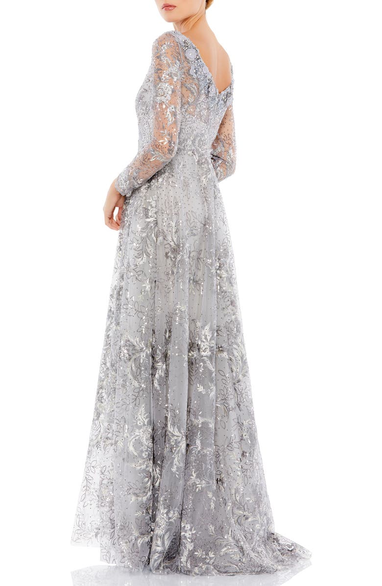 Mac Duggal Floral Rhinestone Embroidered Sweetheart Illusion Long Sleeve Gown, Alternate, color, Sterling