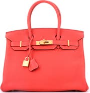 Pre-Owned Hermes Birkin Handbag Red Clemence with Gold Hardware 30