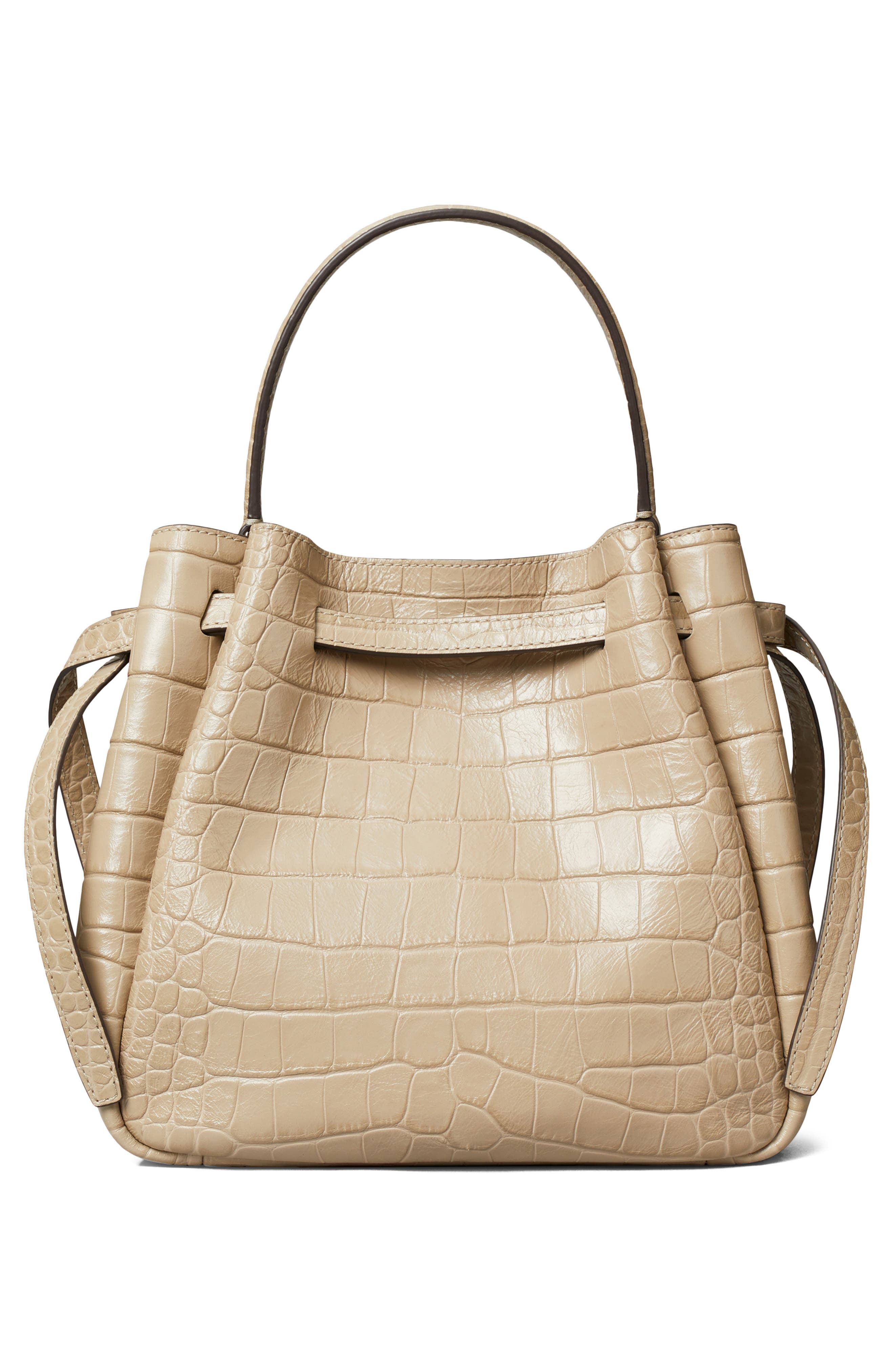 Tory Burch Romy Croc Embossed Leather Bucket Bag, Alternate, color, Ginger Leaf