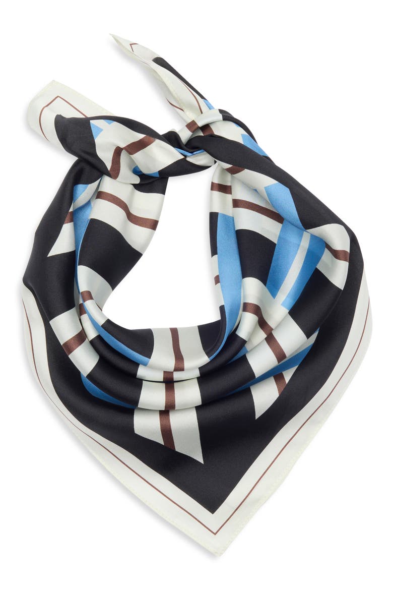 Print Silk Square Scarf, Main, color, BROWN - LIGHT BLUE CROSSHATCH