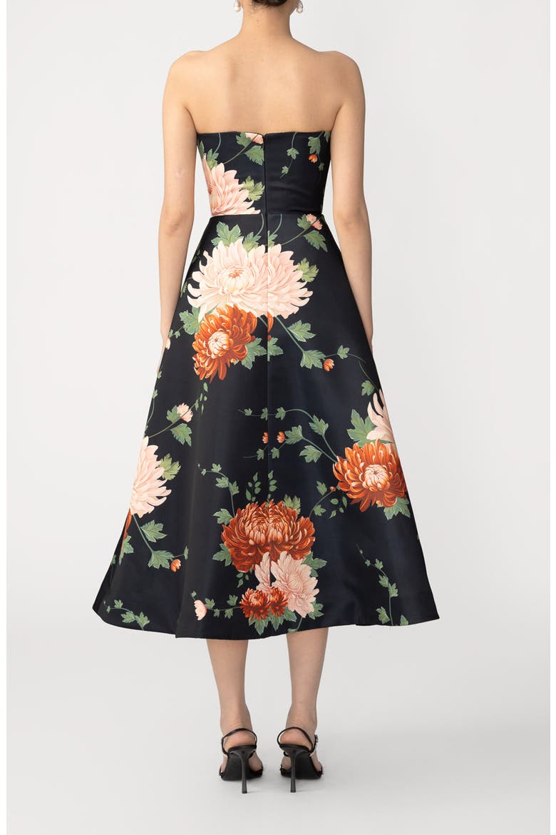 Fiora Floral Strapless Satin Gown, Alternate, color, BLACK