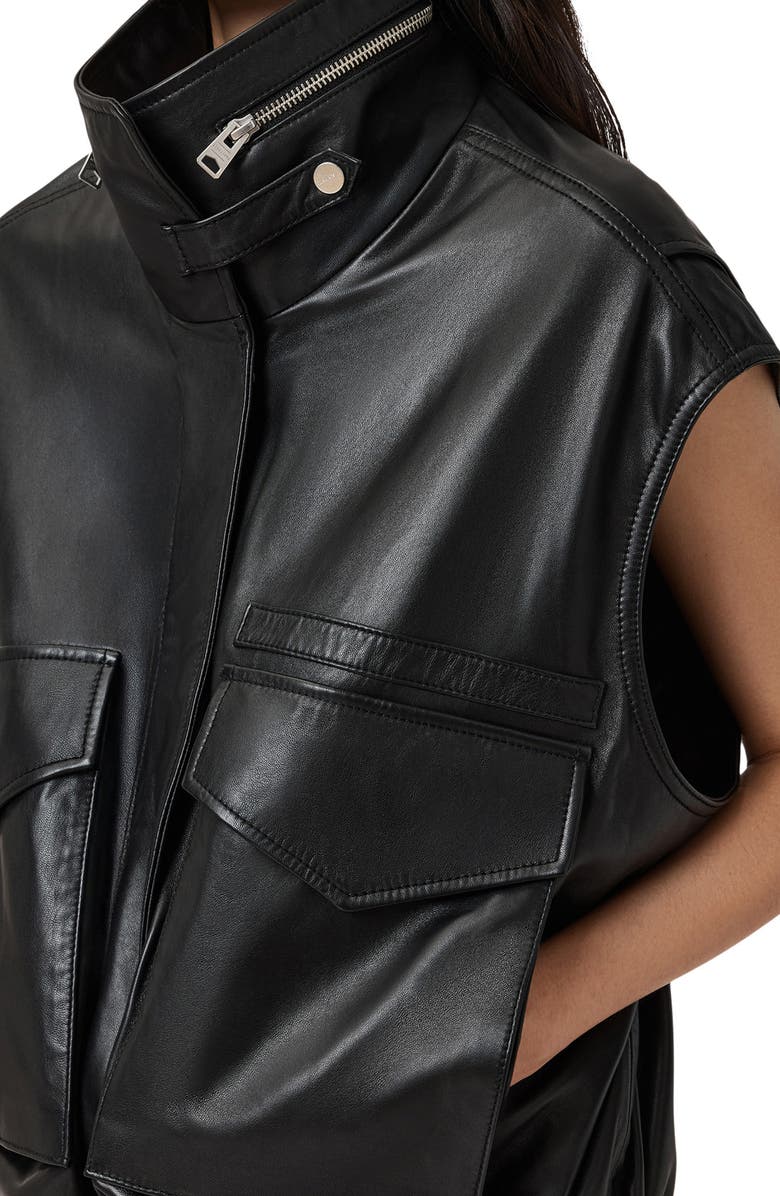 AllSaints Clay Funnel Neck Leather Gilet, Alternate, color, Black