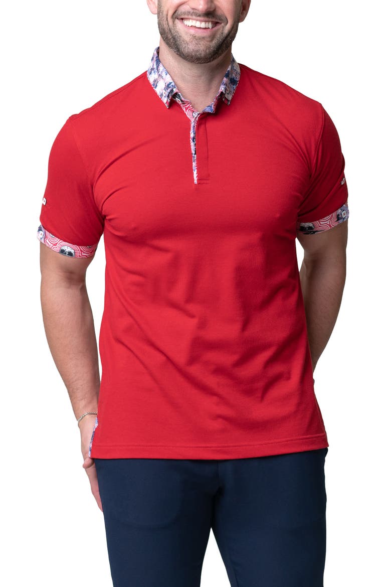 Mozart Solid Ripple Red Piqué Button-Down Polo, Main, color, RED