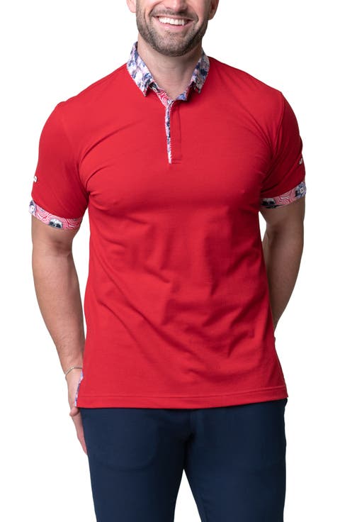 Mozart Solid Ripple Red Piqué Button-Down Polo