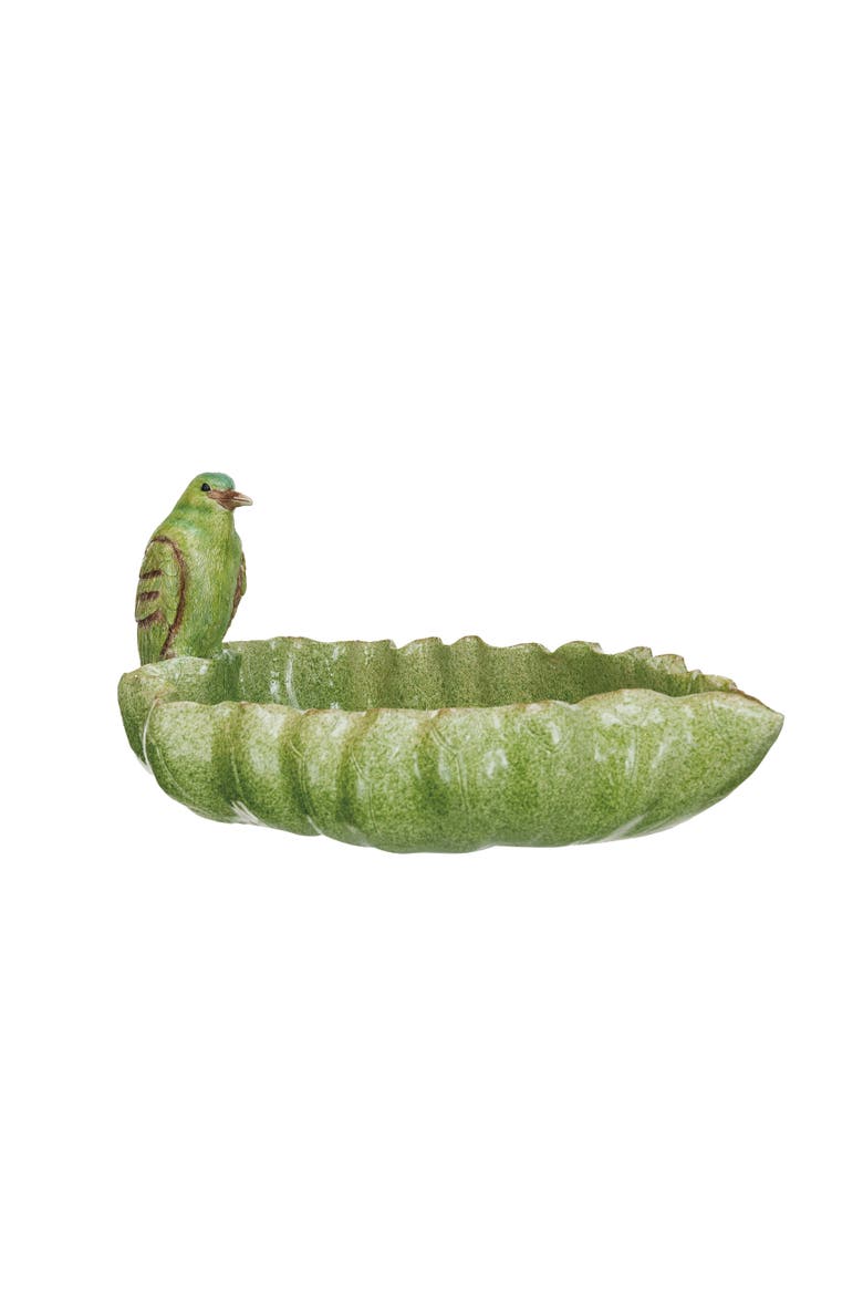 Resin Leaf Shaped Dish with Bird and Scalloped Edge, Green, Main, color, Green
