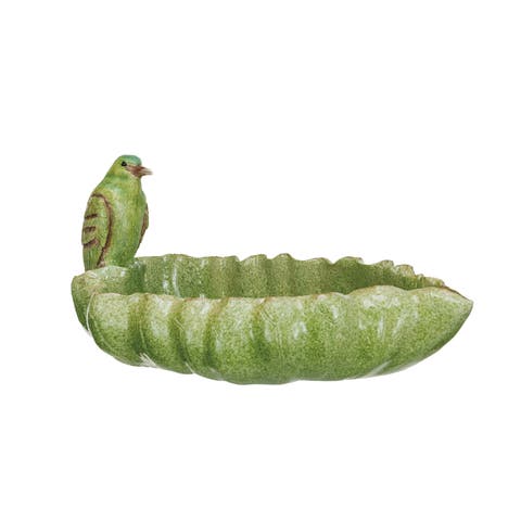 Resin Leaf Shaped Dish with Bird and Scalloped Edge, Green