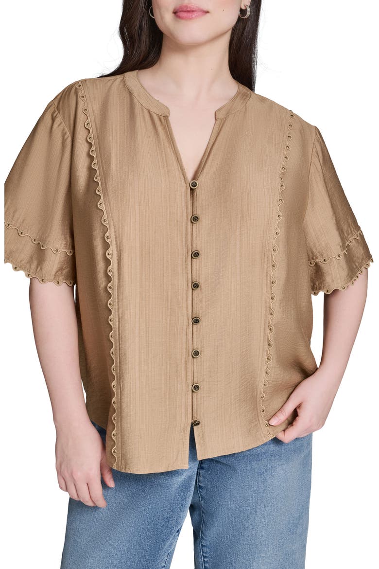 Nailhead Stud Detail Metallic Button-Up Shirt, Main, color, CARTOUCHE