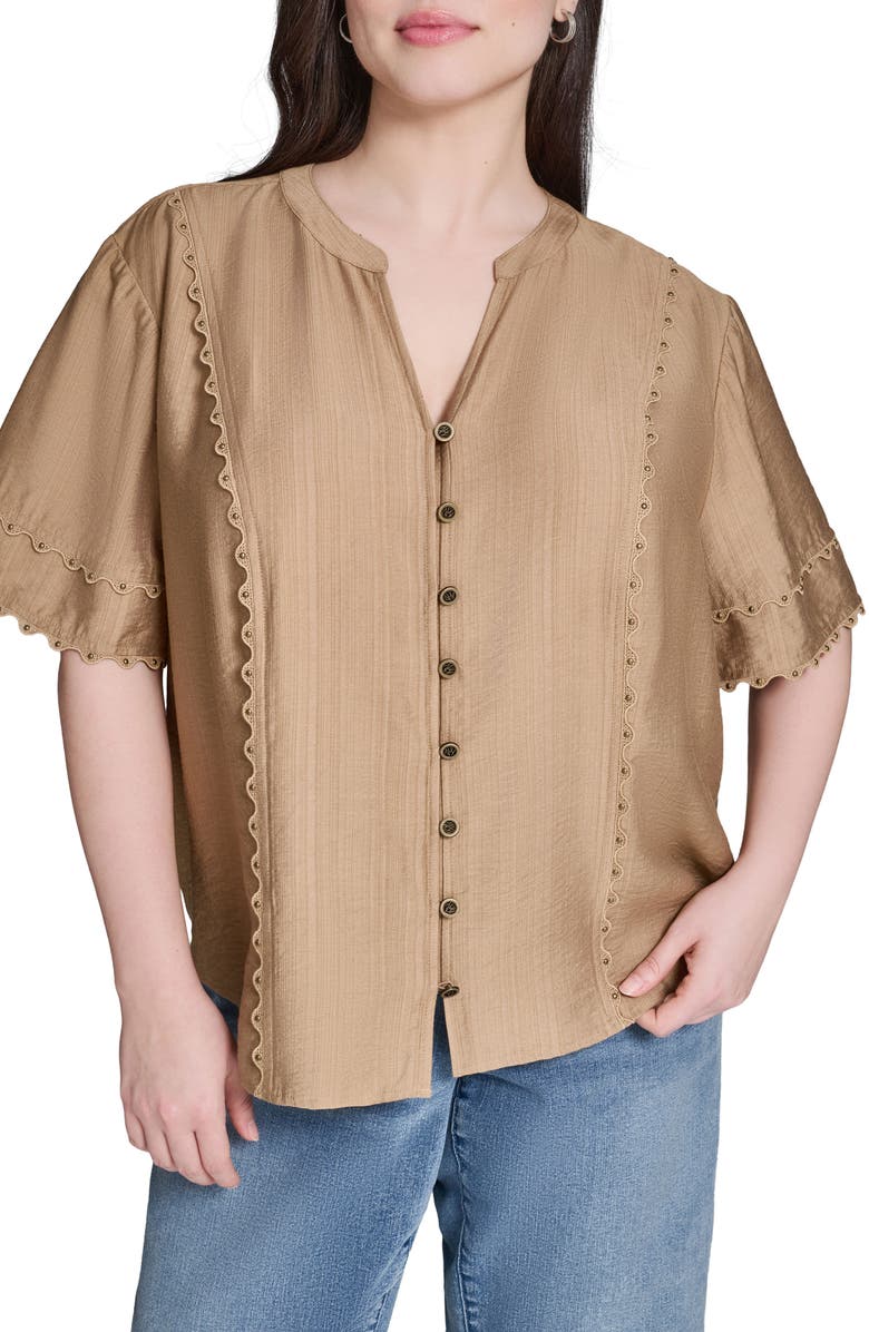 KARL LAGERFELD PARIS Nailhead Stud Detail Metallic Button-Up Shirt, Main, color, Cartouche