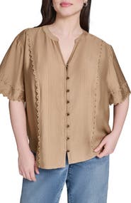 KARL LAGERFELD PARIS Nailhead Stud Detail Metallic Button-Up Shirt