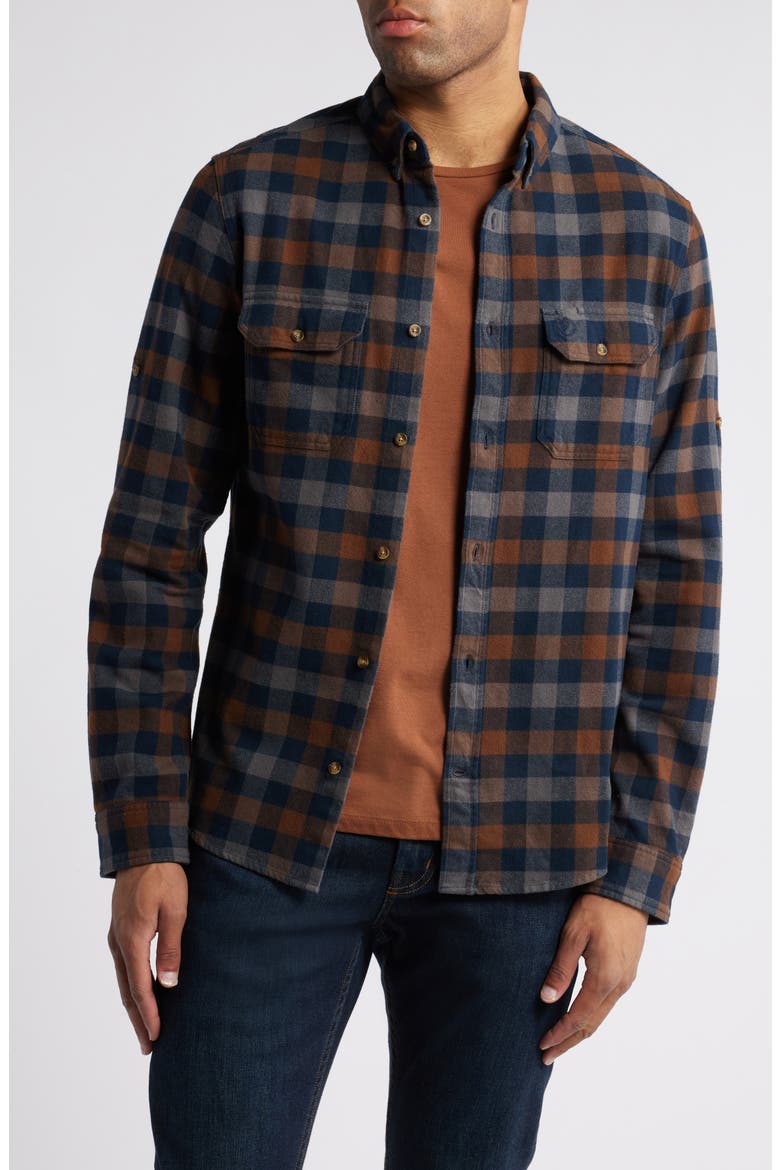 Skog Trim Fit Plaid Cotton Flannel Button-Down Shirt, Main, color, DARK NAVY-DARK OAK