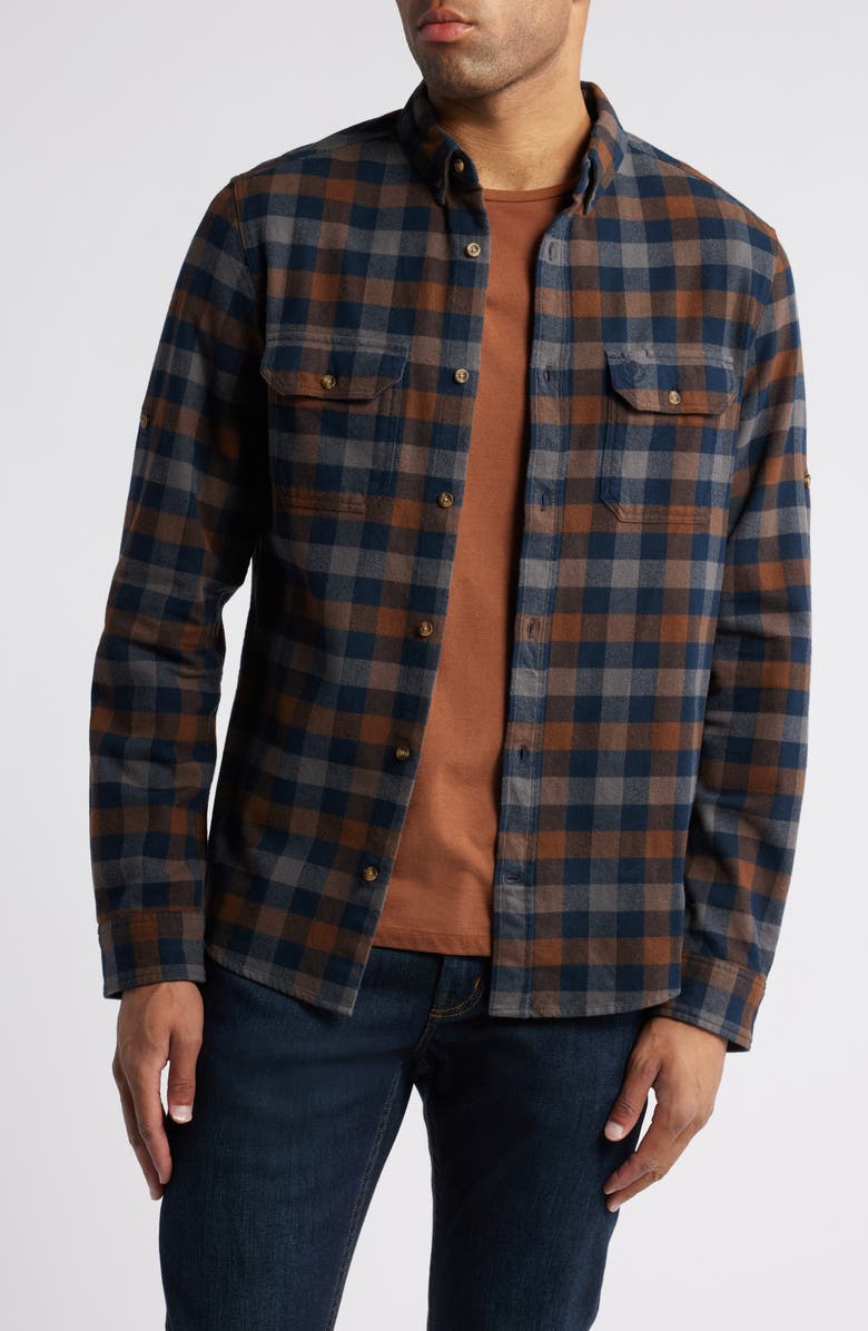 Fjällräven Skog Trim Fit Plaid Cotton Flannel Button-Down Shirt, Main, color, Dark Navy-Dark Oak