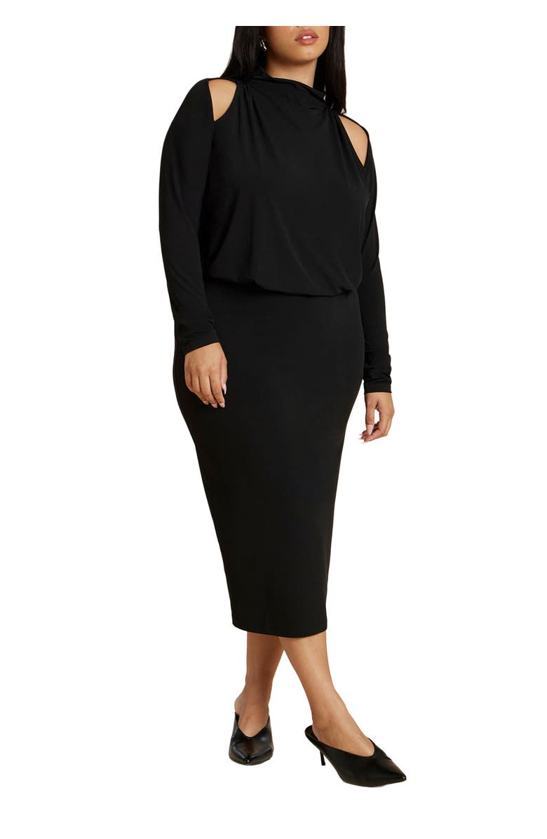 ELOQUII Cut Out Long Sleeve Midi Dress, Main, color, Black Onyx