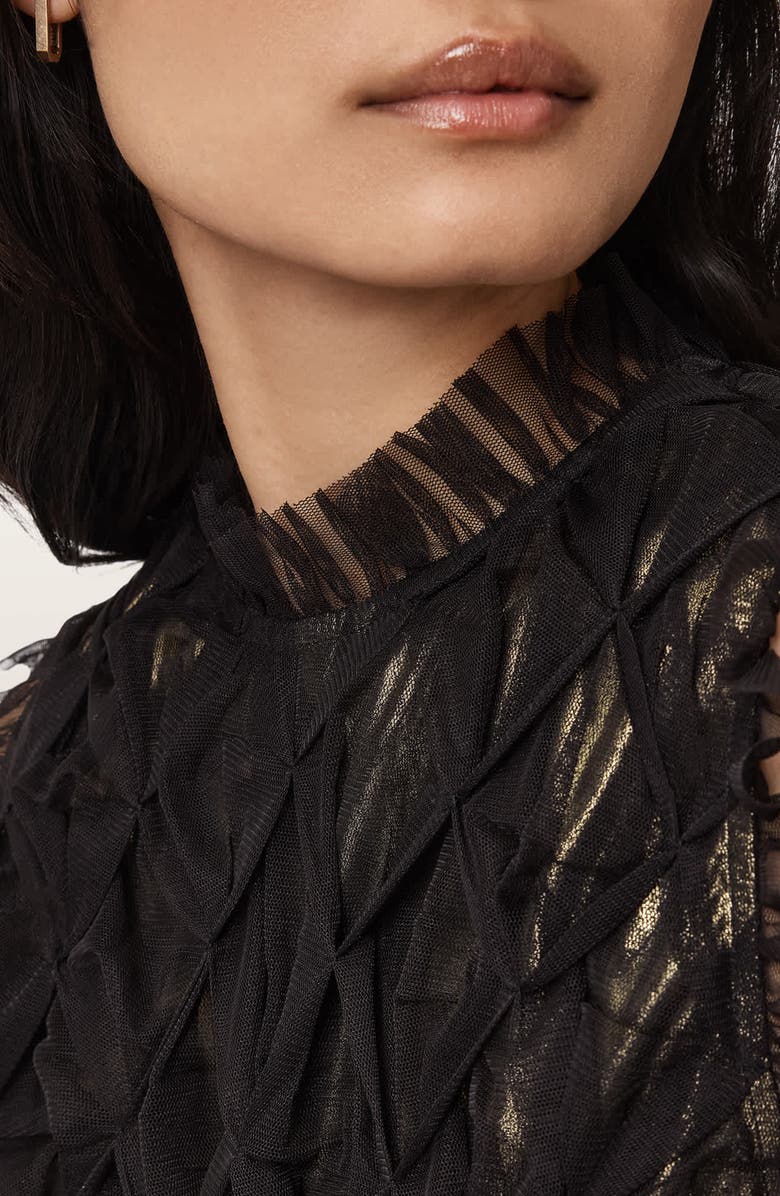 AllSaints Lola Metallic Tulle Asymmetric Midi Dress, Alternate, color, Black/ Metallic Gold