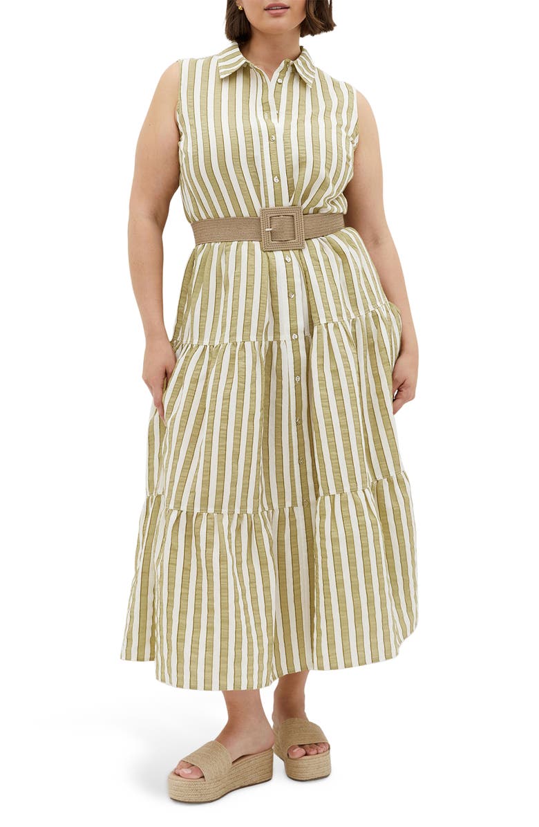 City Chic Clean Lines Belted Midi Dress, Main, color, Moss Stripe
