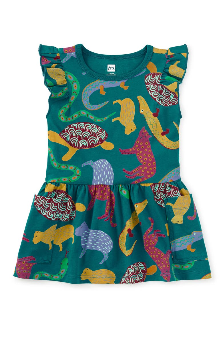 Tea Collection Flutter Sleeve Pocket Dress, Alternate, color, Brazilian Folk Animals