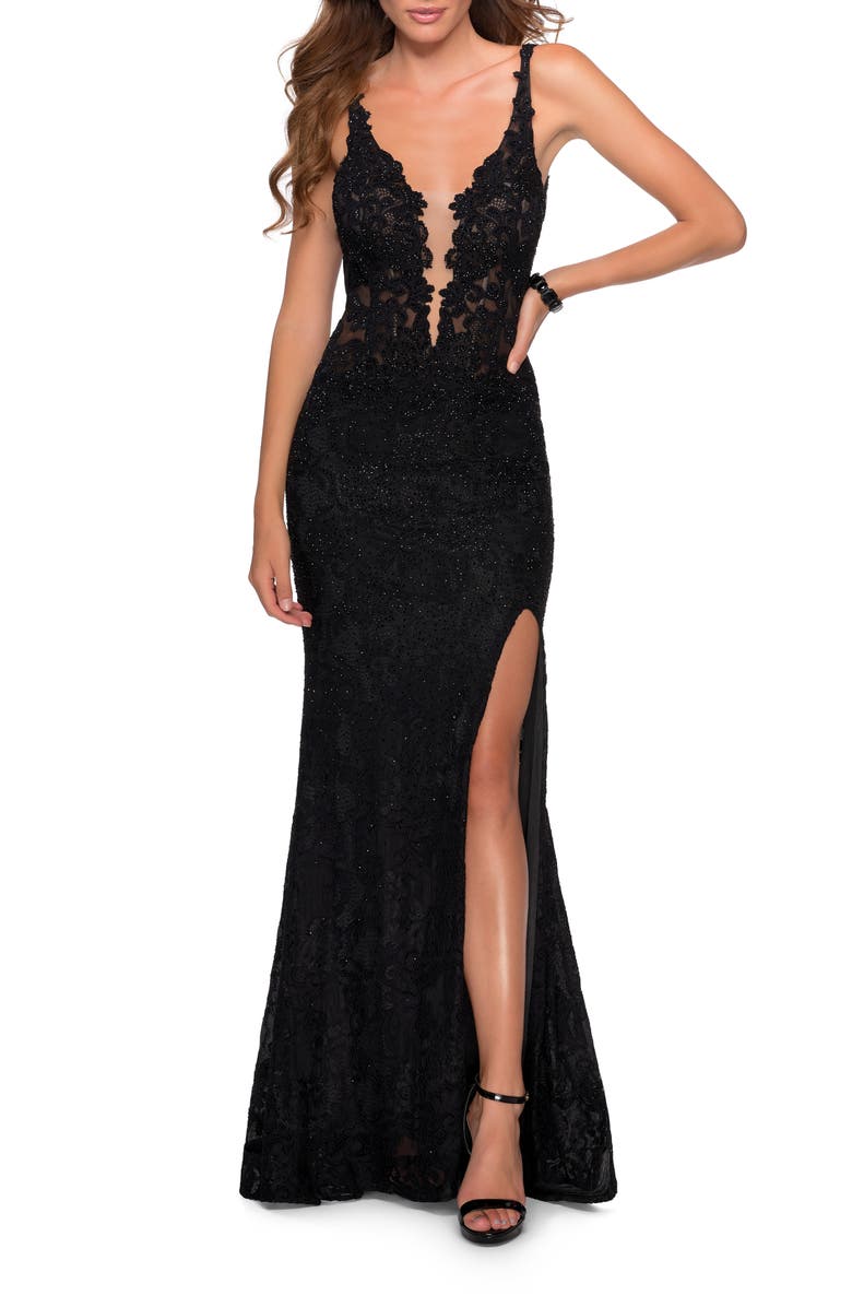 La Femme Long Lace Dress with Plunging Neckline, Main, color, Black