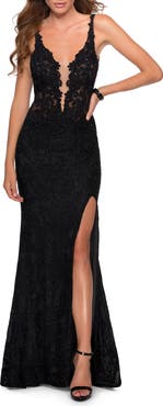 La Femme Long Lace Dress with Plunging Neckline