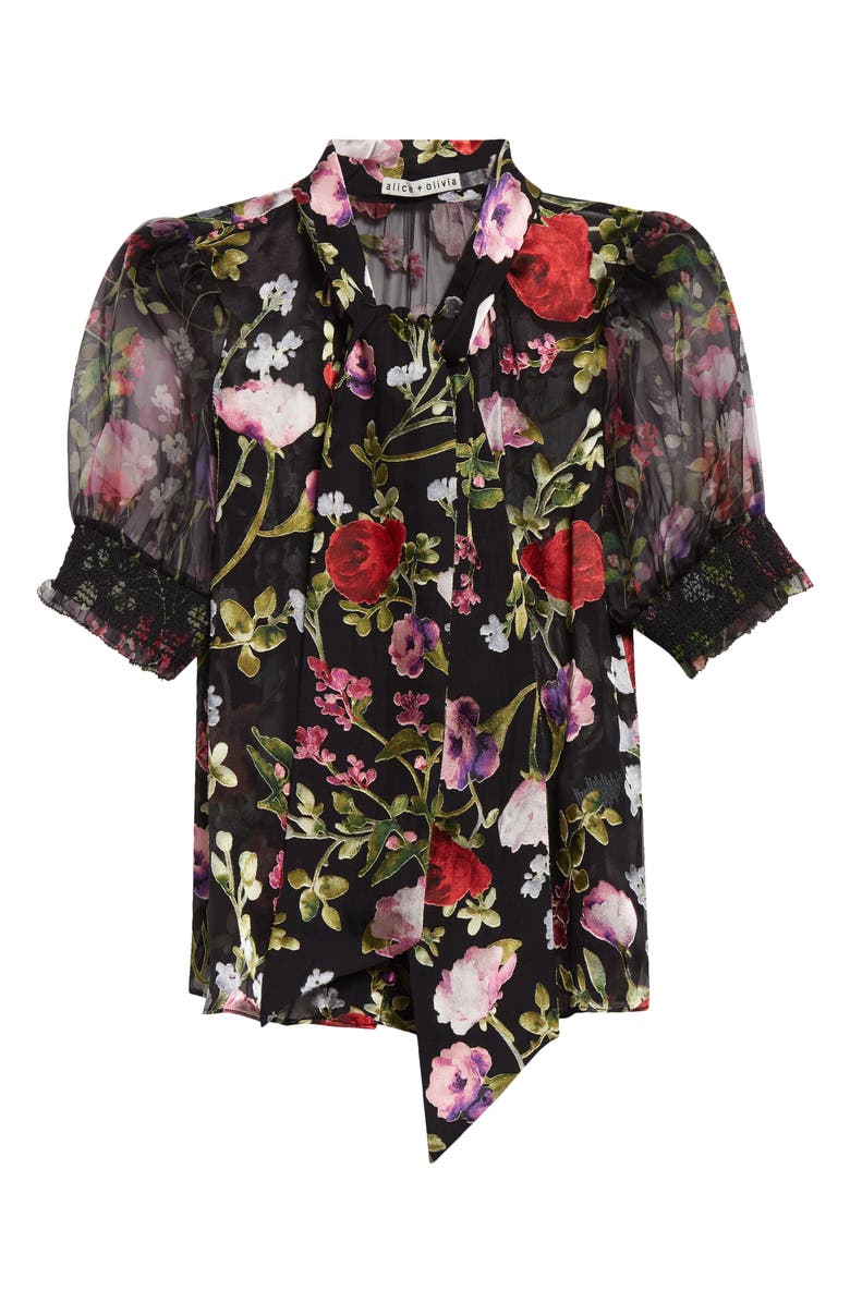 Alice + Olivia Brentley Floral Tie Neck Puff Sleeve Top, Alternate, color, Floral Dreams