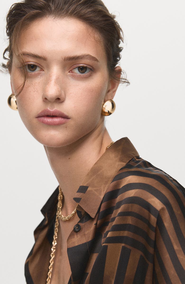 MANGO Stripe Satin Button-Up Shirt, Alternate, color, Brown