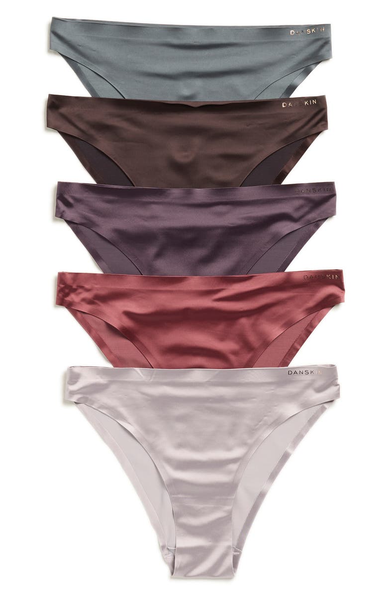 Danskin Assorted 5-Pack Shiny Cheeky Bikini Briefs, Main, color, Wood/ Mauve/ Haze/ Violet/ Ivy