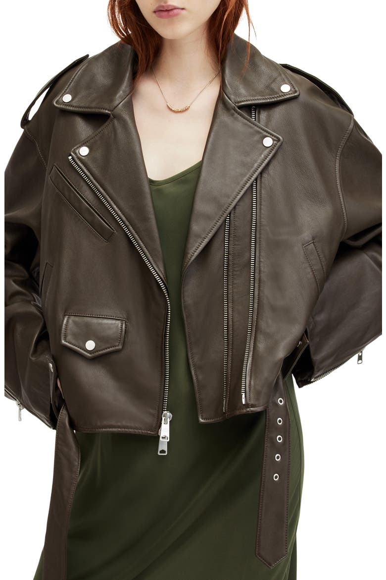 Dayle Leather Biker Jacket, Main, color, ARMY GREEN