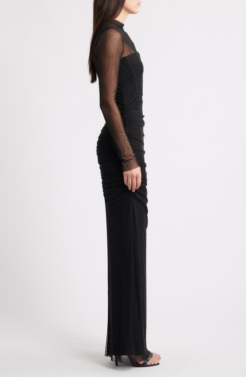 Black Halo Lexington Rhinestone Detail Long Sleeve Mesh Column Gown In Black