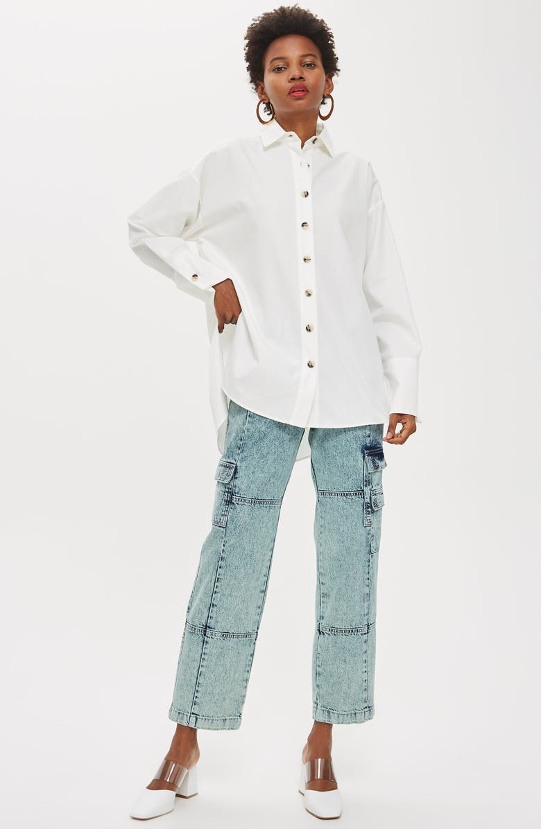 Topshop Oversized Split Side Cotton Shirt, Alternate, color,