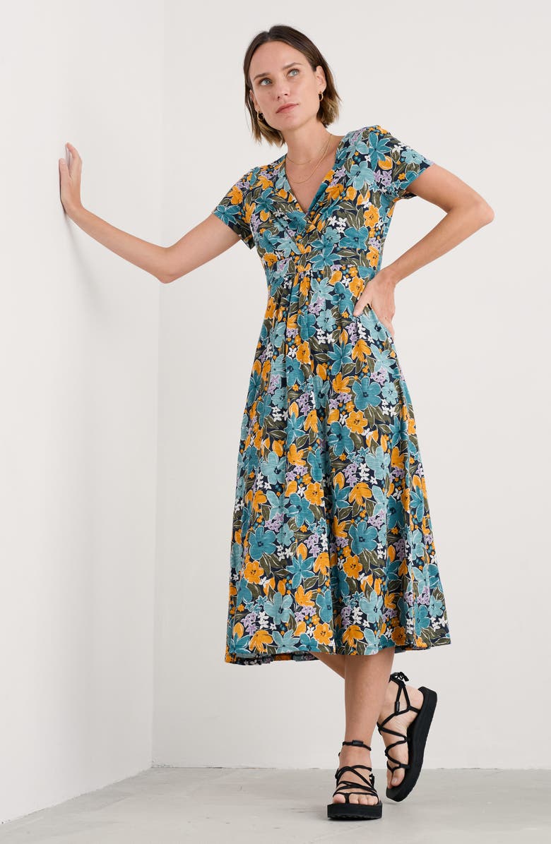 Seasalt Cornwall Chapelle Short Sleeve Organic Cotton Midi Dress, Alternate, color, Citrus Floral Poseidon