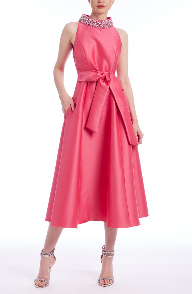 Badgley Mischka Collection Embellished Mock Neck Cocktail Midi Dress, Main, color, Rose