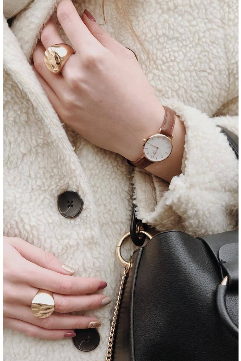 Classic Petite Leather Strap Watch, 28mm, Alternate, color, LIGHT BROWN/ WHITE/ ROSE GOLD