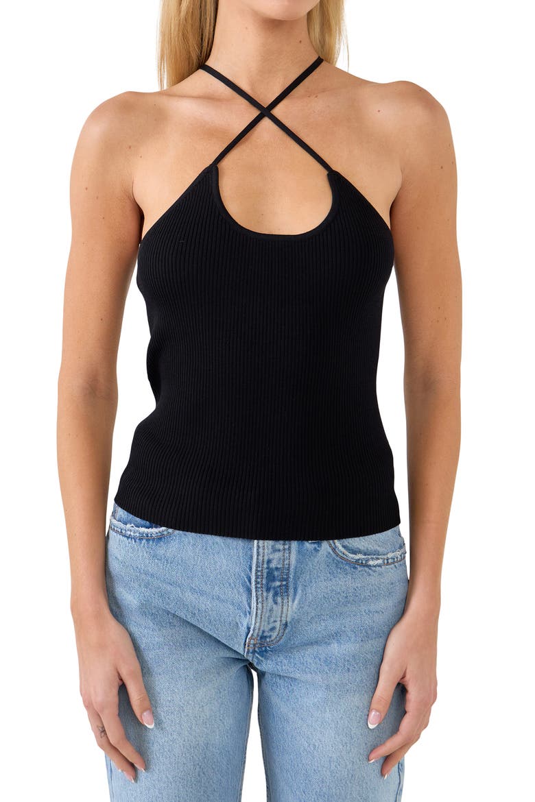 Crossover Rib Halter Tank, Alternate, color, BLACK