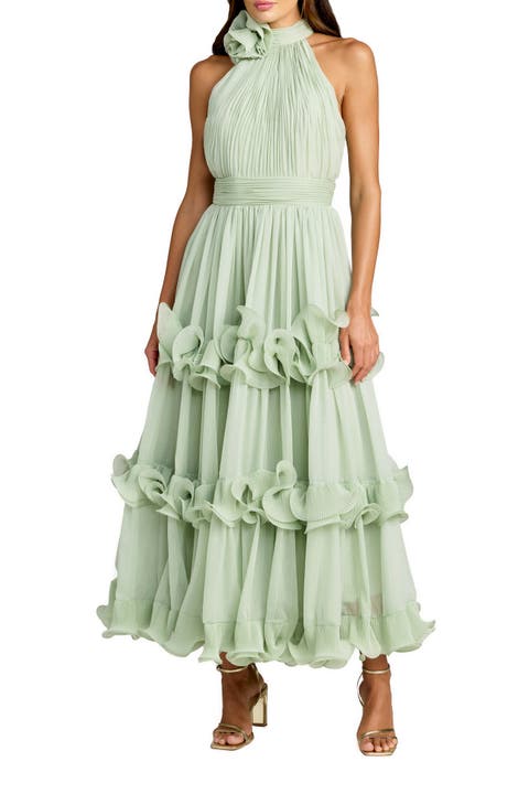 Chiffon Halter Neck Ruffle Midi Dress with Tiered Skirt