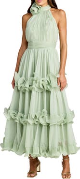 Mac Duggal Chiffon Halter Neck Ruffle Midi Dress with Tiered Skirt