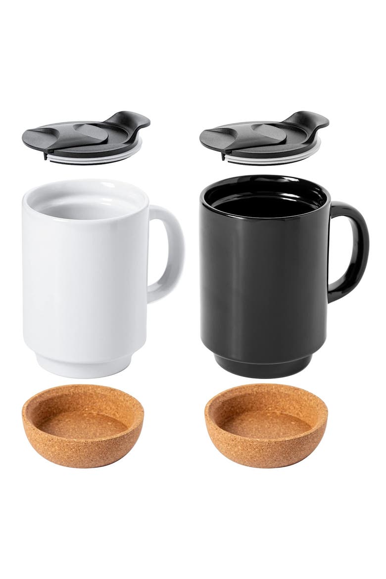 Modani 4 Piece 16.5 Ounce Stoneware Travel Mug Set with Lid and Cork Base, Alternate, color, Black