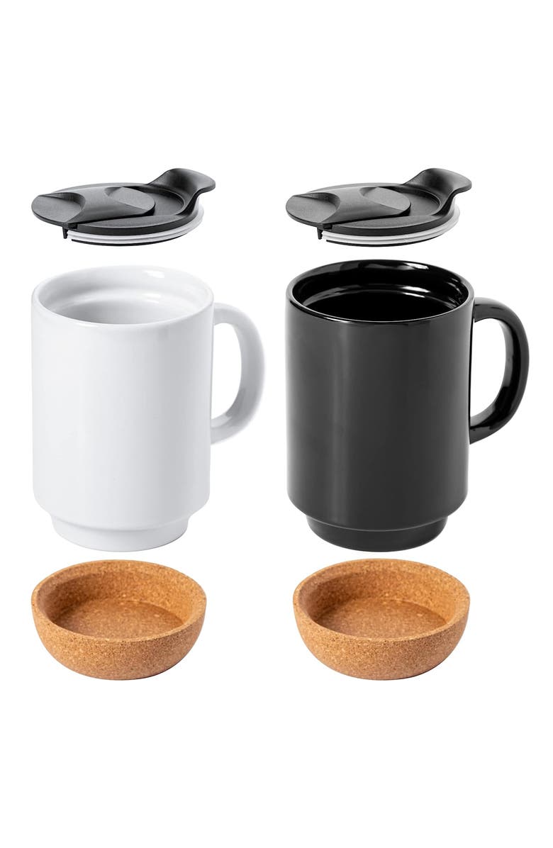 Gibson Home Modani 4 Piece 16.5 Ounce Stoneware Travel Mug Set with Lid and Cork Base, Alternate, color, Black