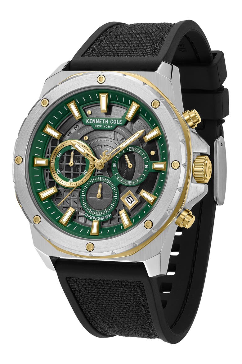 The Hollis Chronograph Mixed Media Strap Watch, 45mm, Alternate, color, BLACK
