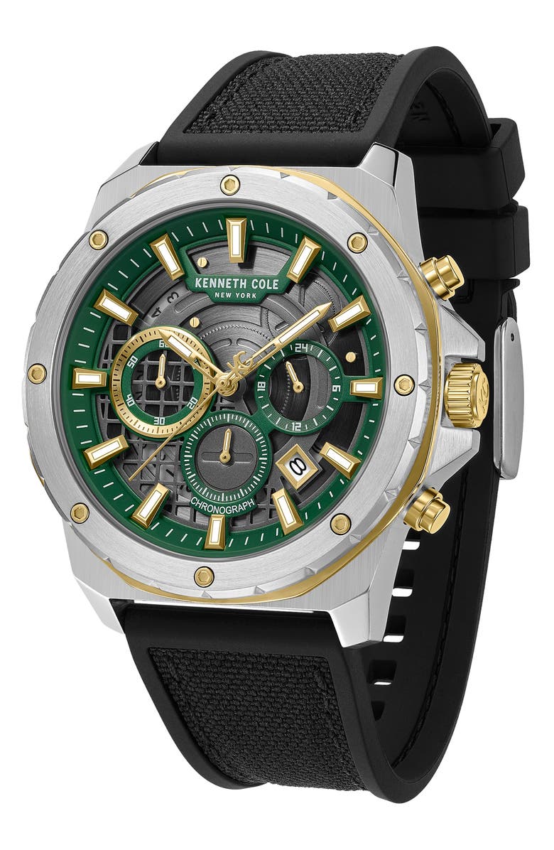 Kenneth Cole New York The Hollis Chronograph Mixed Media Strap Watch, 45mm, Alternate, color, Black